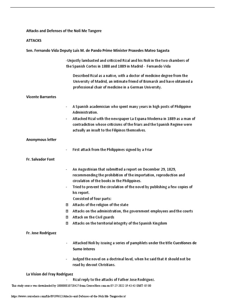 Attacks and Defenses of The Noli Me Tangere | PDF
