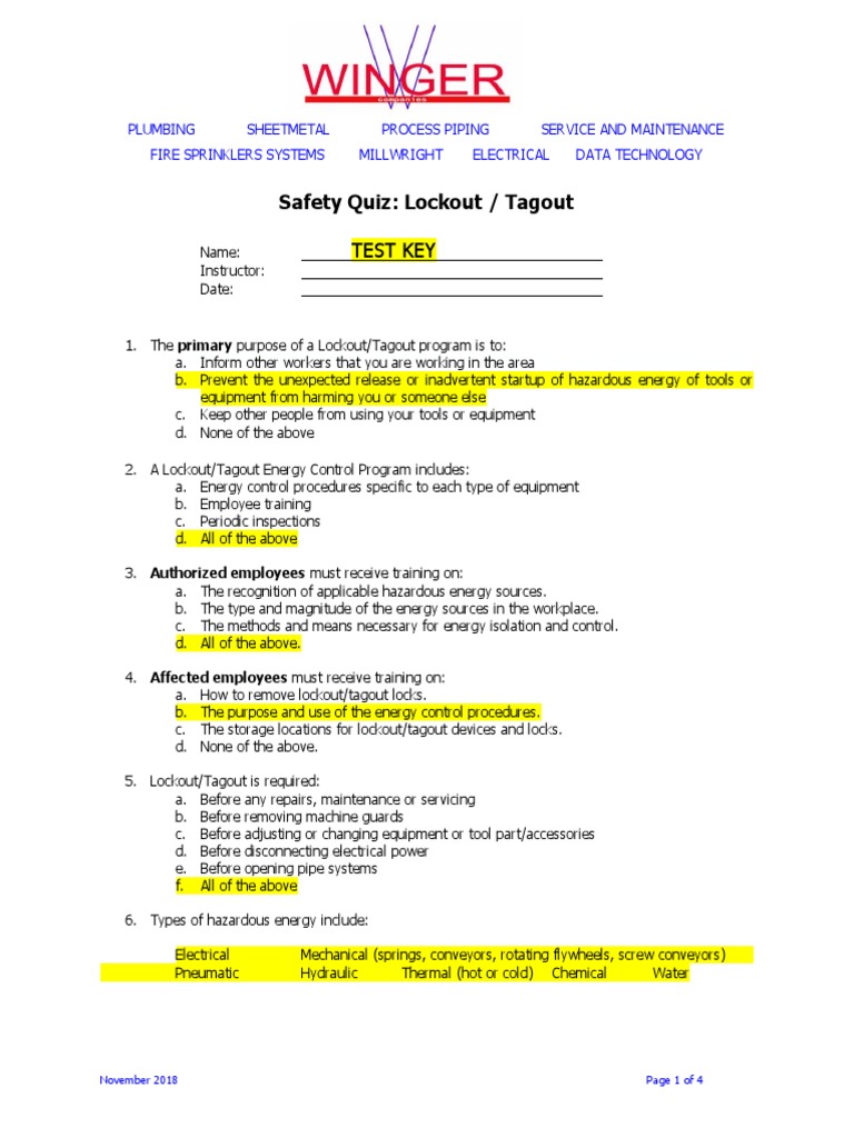 Lockout Tagout Quiz 2018 Key PDF Manufactured Goods Safety