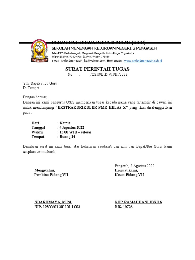 Surat Tugas Ekskul PMR X | PDF
