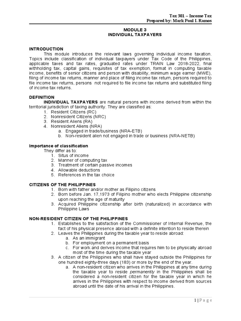 Module 3 Individual Taxpayers Pdf Capital Gains Tax Taxes