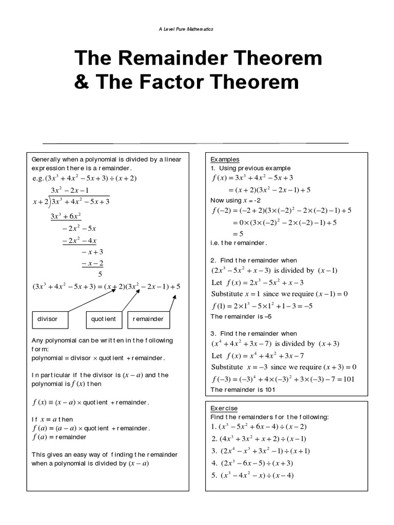 Remainder and Factor Theorems Guide | PDF | Factorization | Mathematics