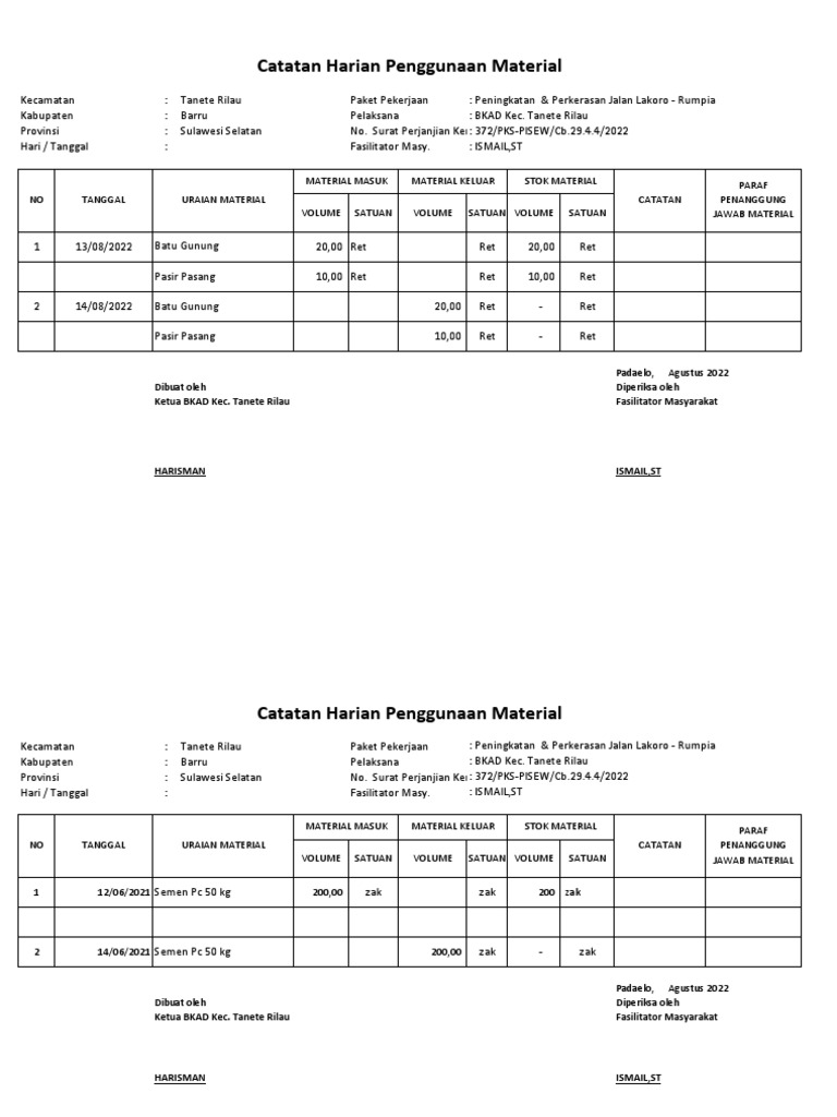 Catatan Penggunaan Material Jalan | PDF
