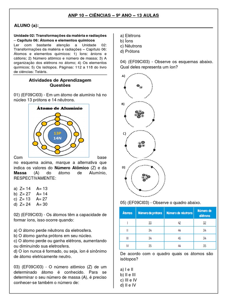 Exercícios sobre Átomos e Íons - 9º Ano | PDF | Métodos e Materiais de ...