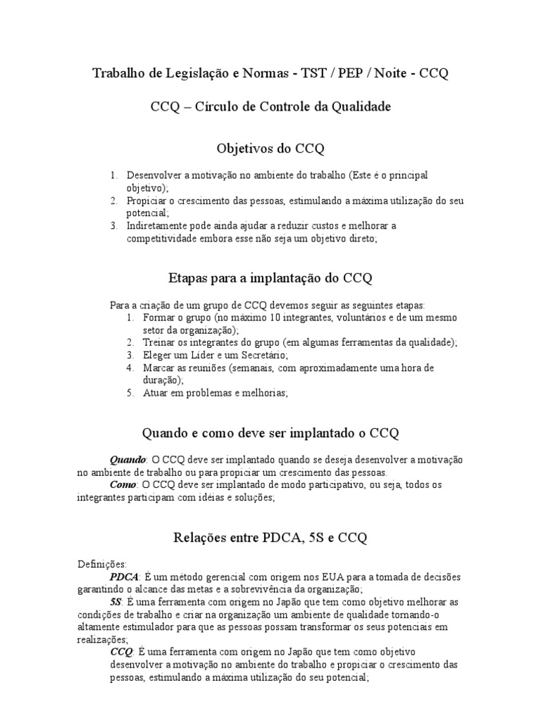 Objetivos e Implantação do CCQ | PDF | Qualidade (negócios) | Motivação
