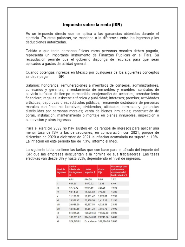 Porcentaje del ISR en México 2022 | PDF | Impuesto sobre la renta ...