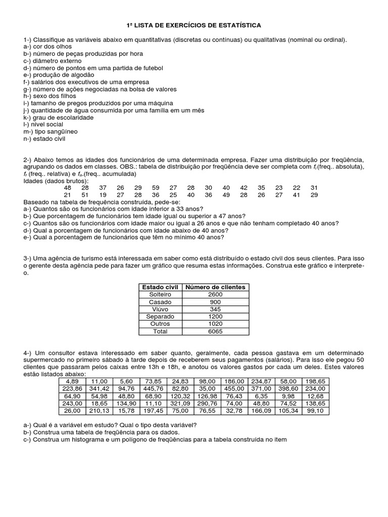 1 Lista de Exercícios de Estatística-Vivi | PDF