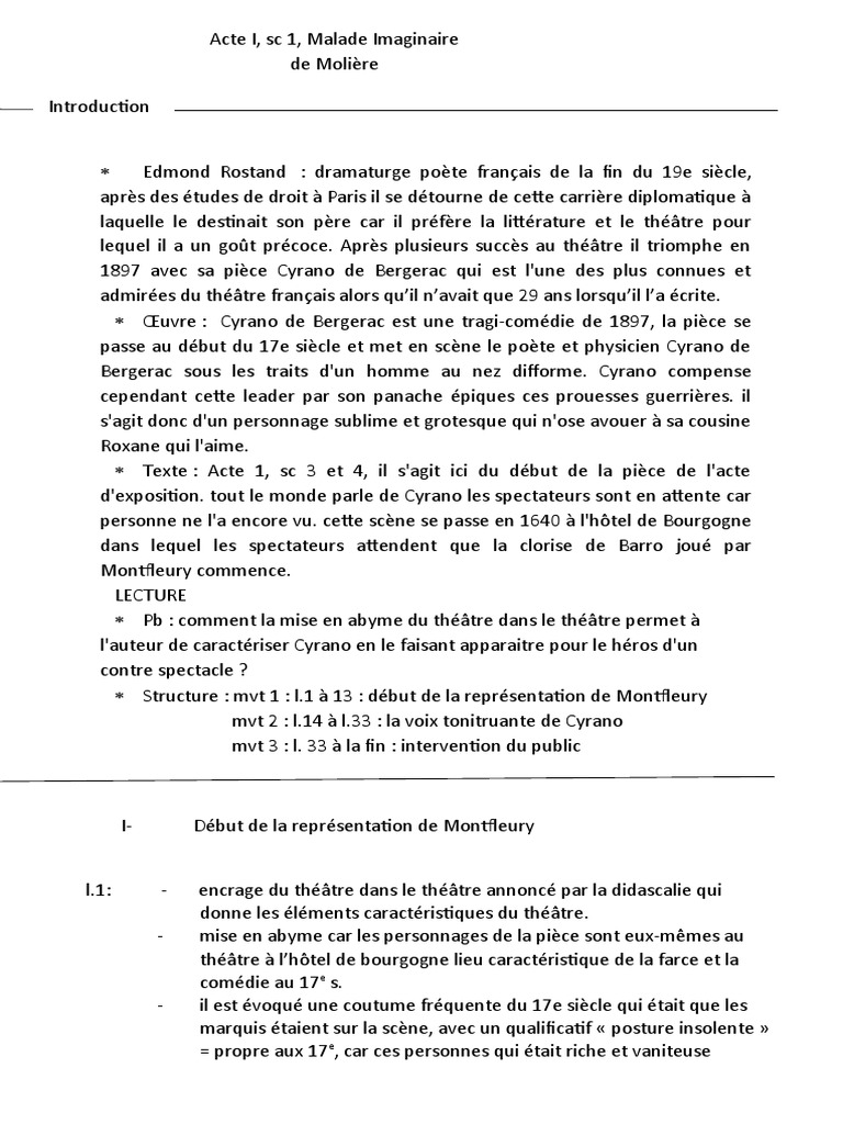 Lecture Lineaire Le Malade Imaginaire Lecture Linéaire Acte I, SC 1, Malade Imaginaire de Molière | PDF