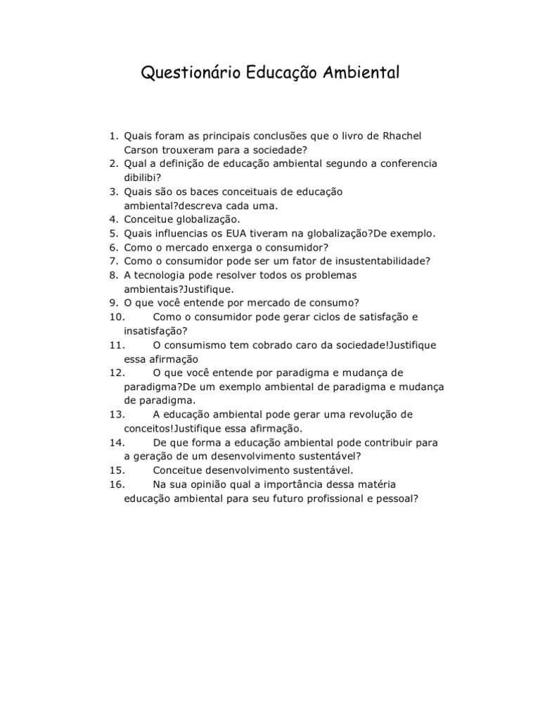 Questionário Educação Ambiental | PDF | Ambiente natural | Sustentabilidade