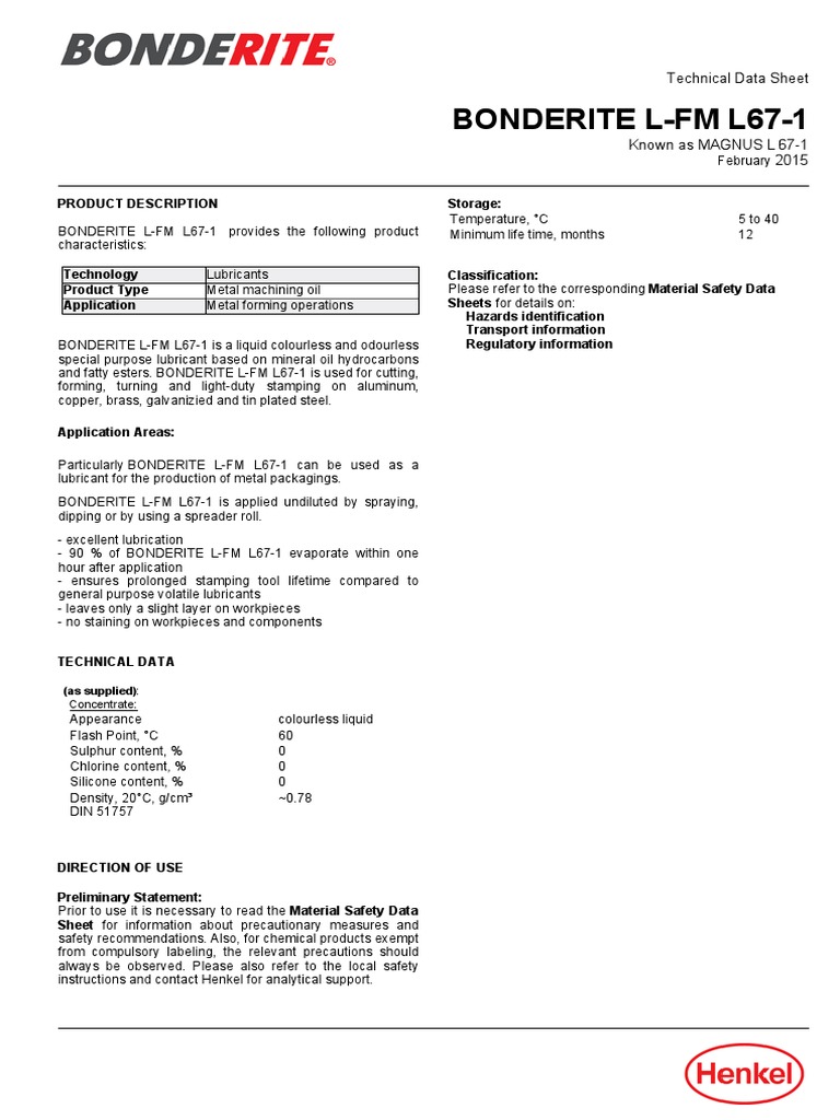 Bonderite L-FM L67-1 Technical Data Sheet | PDF | Technology & Engineering