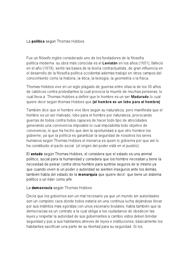 La Política Según Thomas Hobbes PDF Thomas Hobbes Estado (política)