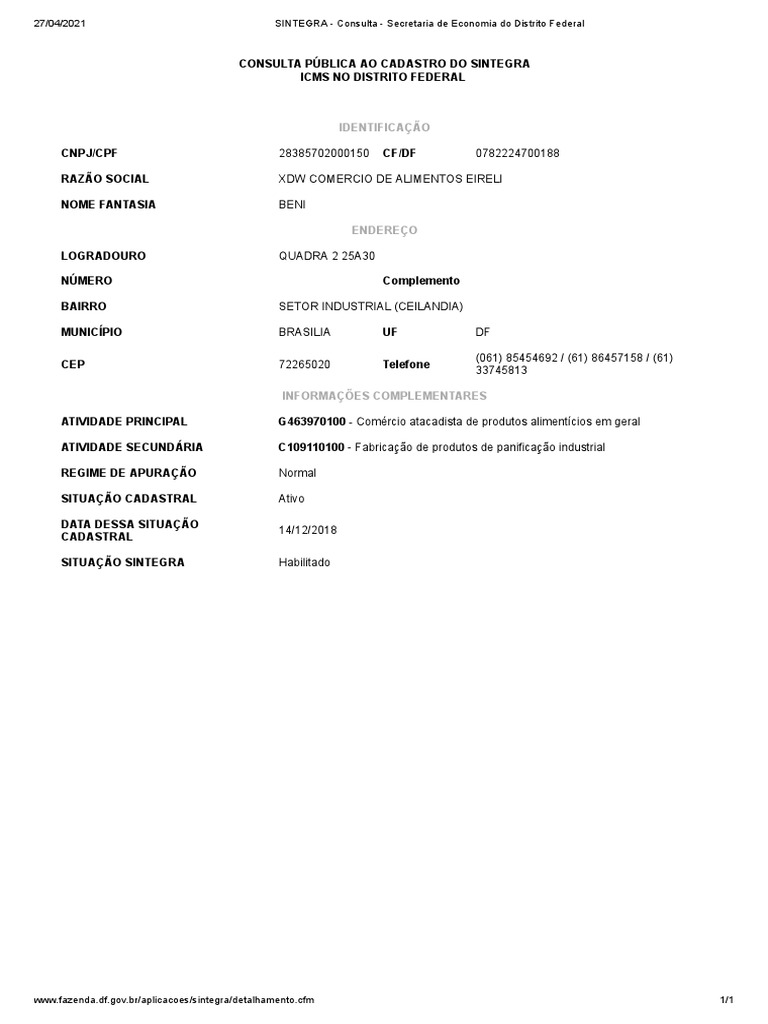 Consulta Sintegra - XDW Comércio DF | PDF