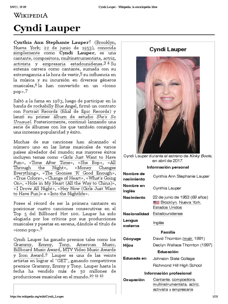 Cyndi Lauper - Wikipedia, La Enciclopedia Libre | PDF, image size:768x1024