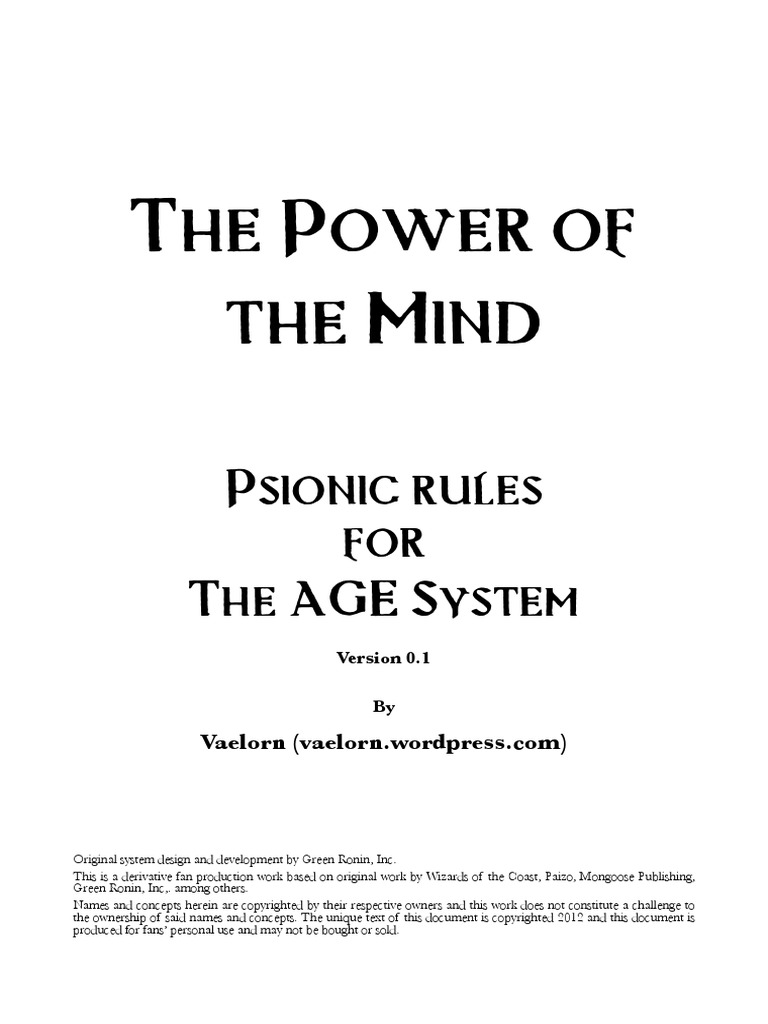 Power of The Mind Age Psionics v0 1 | PDF | Disciplines | Self Control