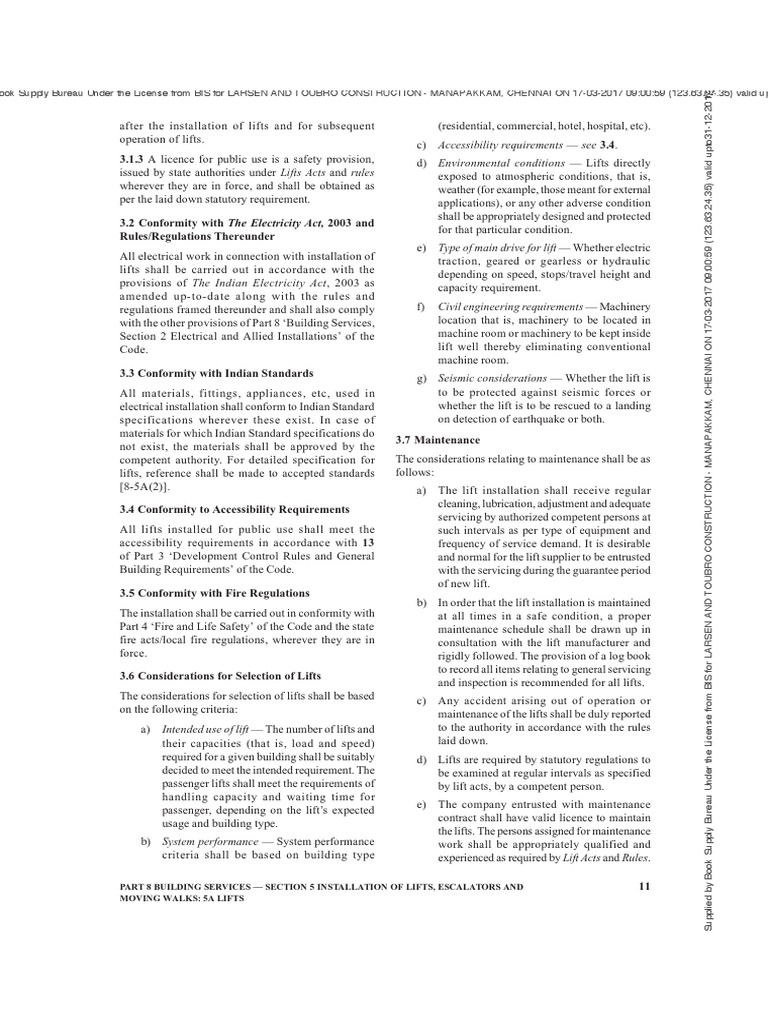 NBC Lift Installation Standards India | PDF | Elevator | Specification ...