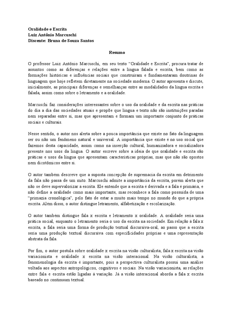 Diferenças entre Oralidade e Escrita | PDF | Escrita | Autor