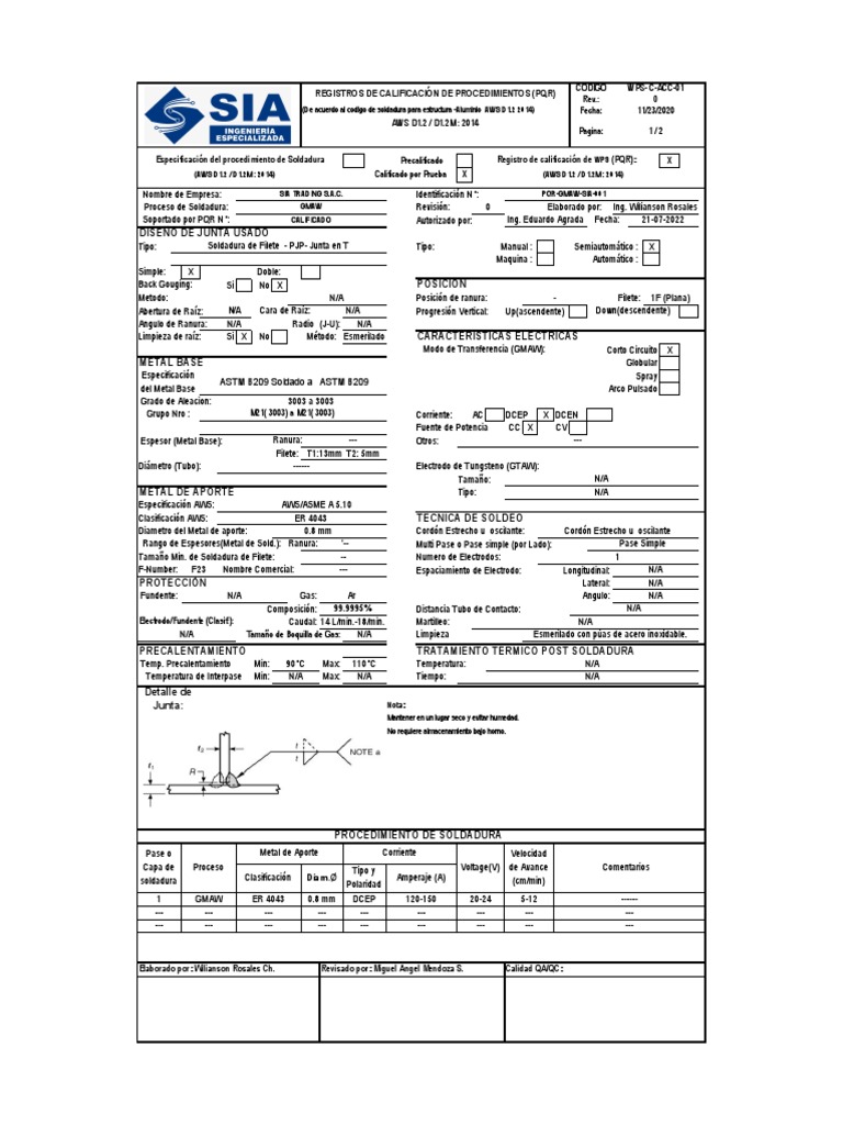 Registro de calificaci n de procedimiento de soldadura para aluminio