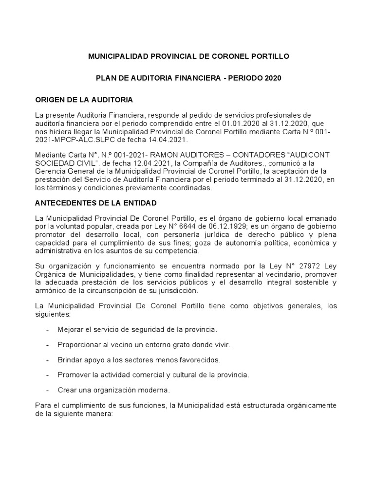 Plan de Auditoria | PDF | Auditoría | Auditoría financiera