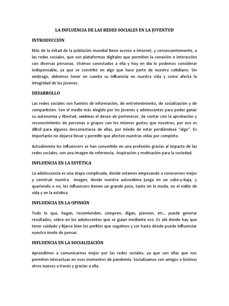 La Influencia de Las Redes Sociales en La Juventud | PDF | Redes ...
