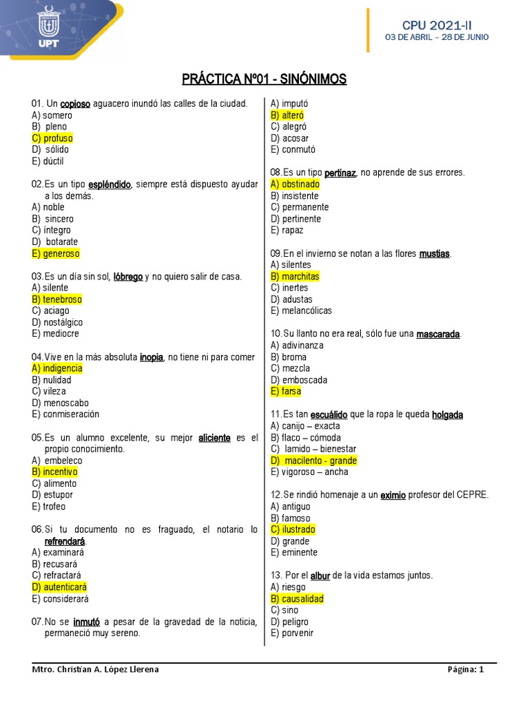 Práctica Nº01 - Sinónimos | PDF