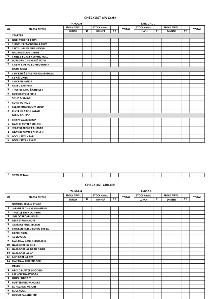 Checklist Ala Carte PDF