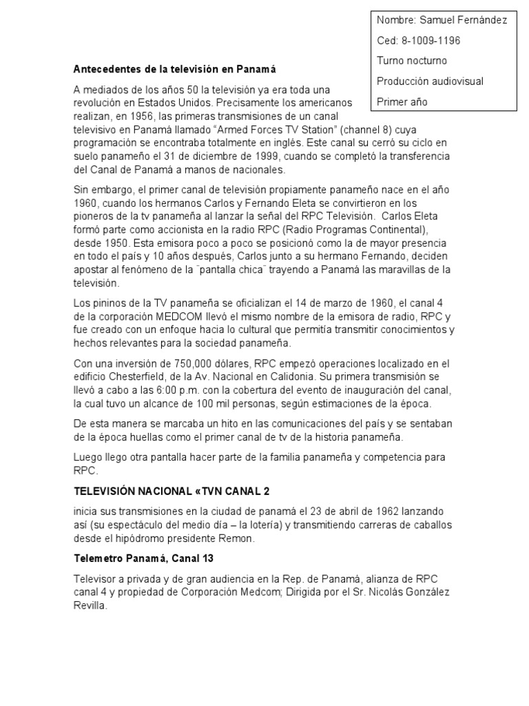 Antecedentes de La Televisión en Panamá | PDF | Panamá | Radiodifusión