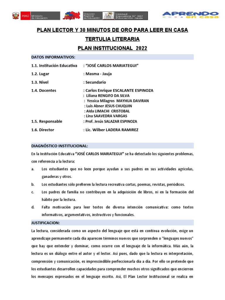 Plan Lector Ie. Masma - 2022 | PDF | Método de enseñanza | Comprensión ...