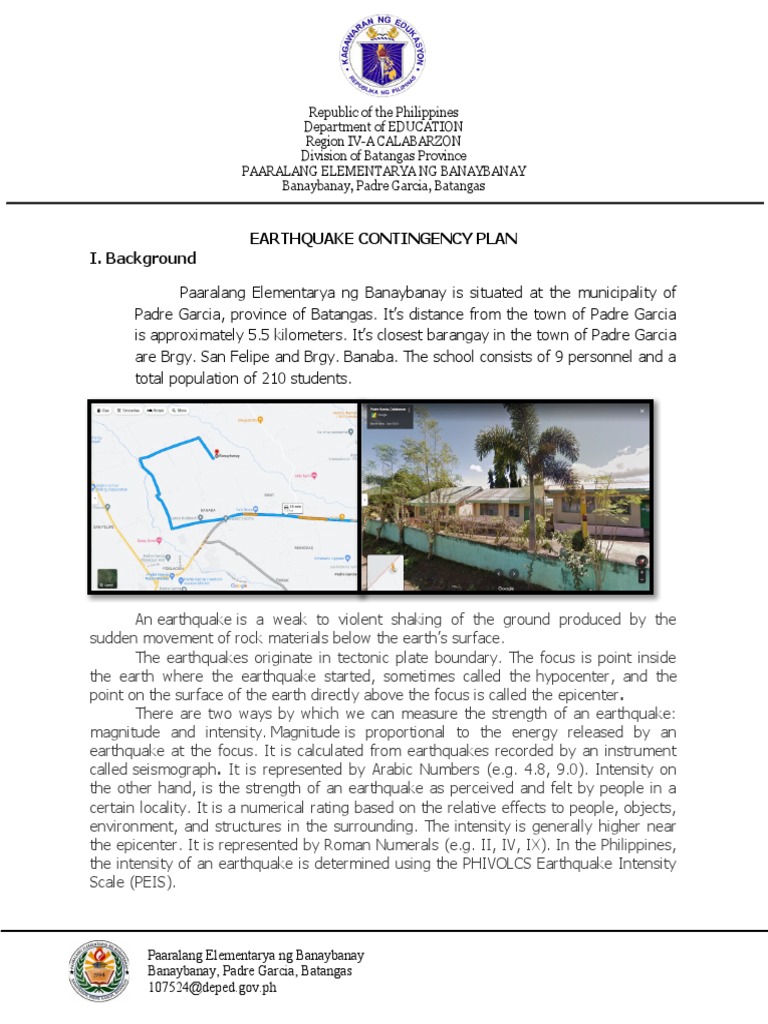 Earthquake Contingency Plan for School | PDF | Earthquakes | Hazards