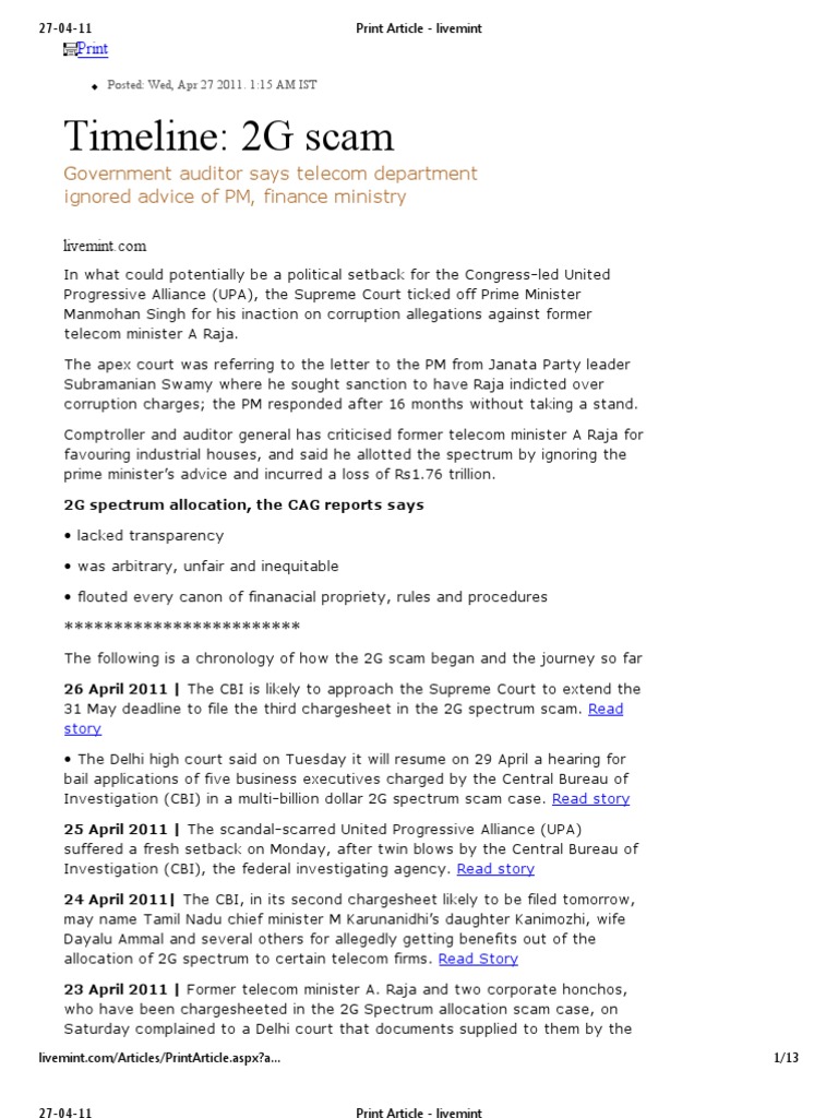 2G Spectrum Scam Timeline and Updates | PDF | Government Of India ...