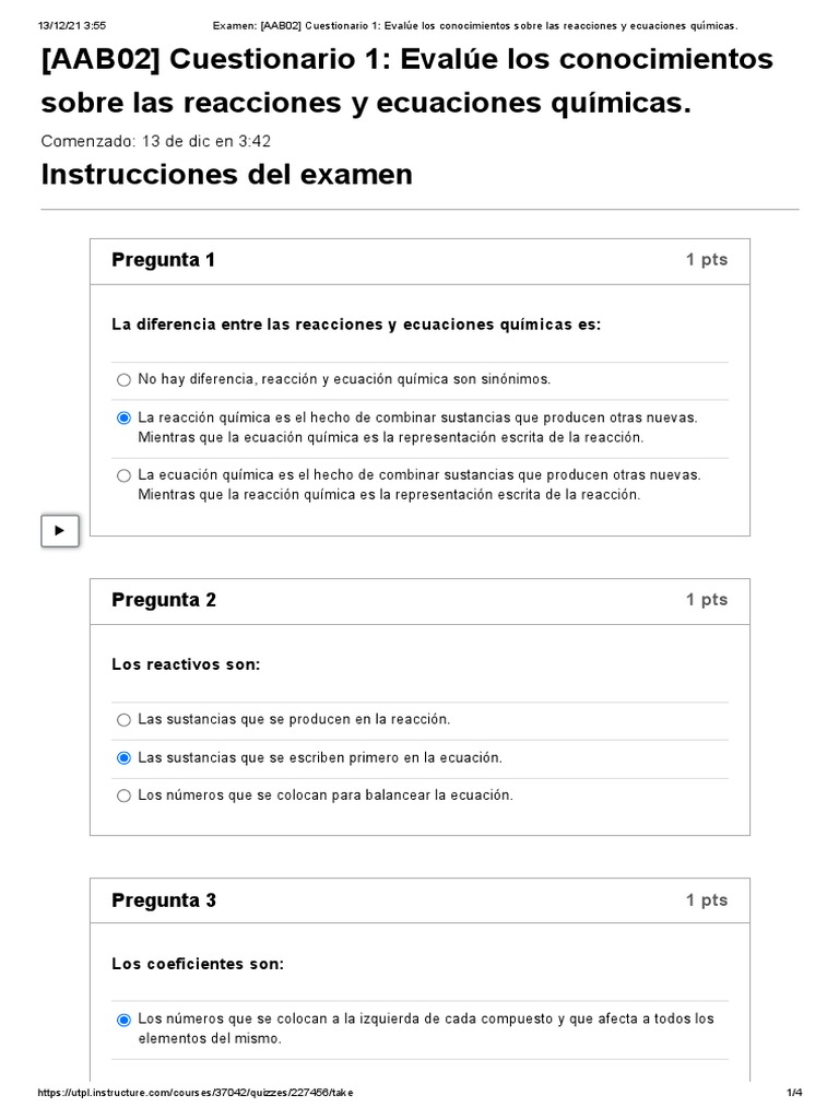 Cuestionario 1 eval e los conocimientos sobre las reacciones y