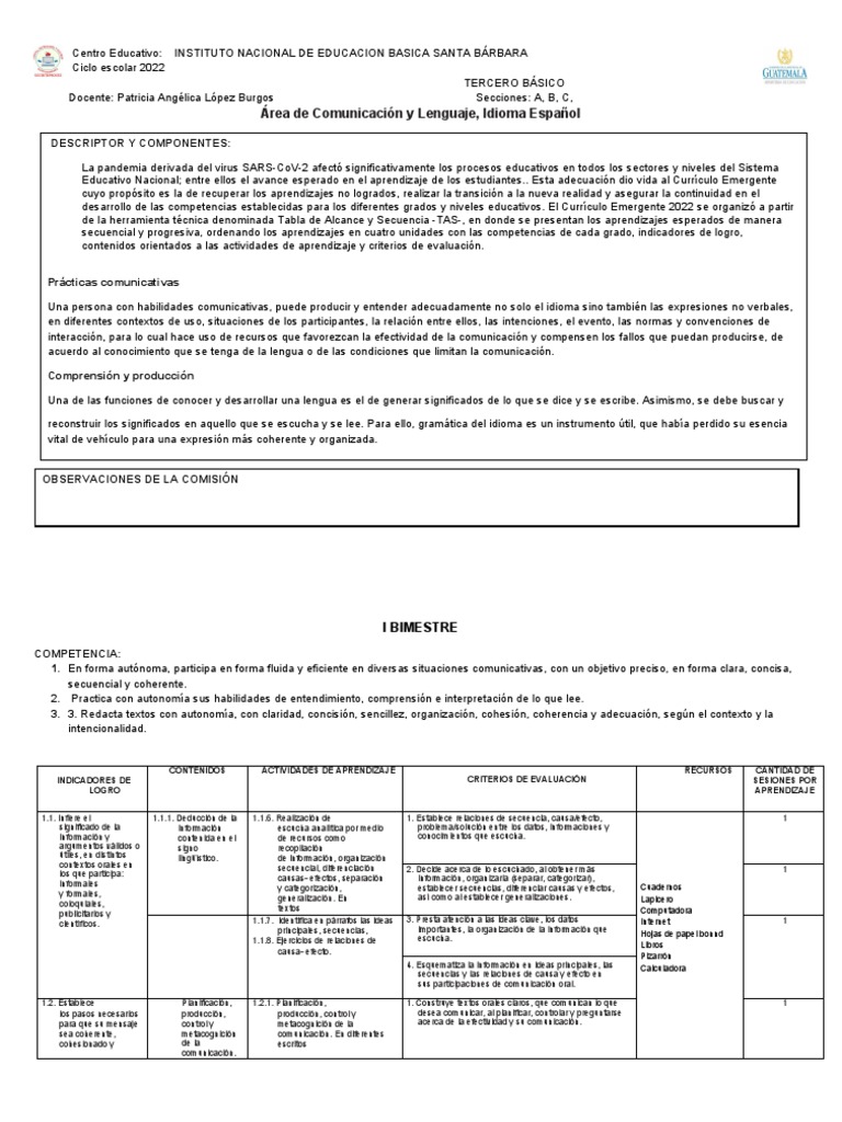 Planificador de Comunicación Tercer Grado | PDF | Plan de estudios ...