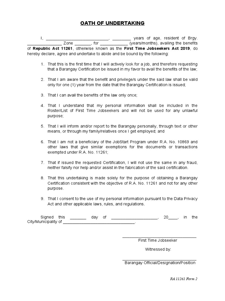 Ra 11261 Form 2 Oath Of Undertaking Pdf Common Law Justice