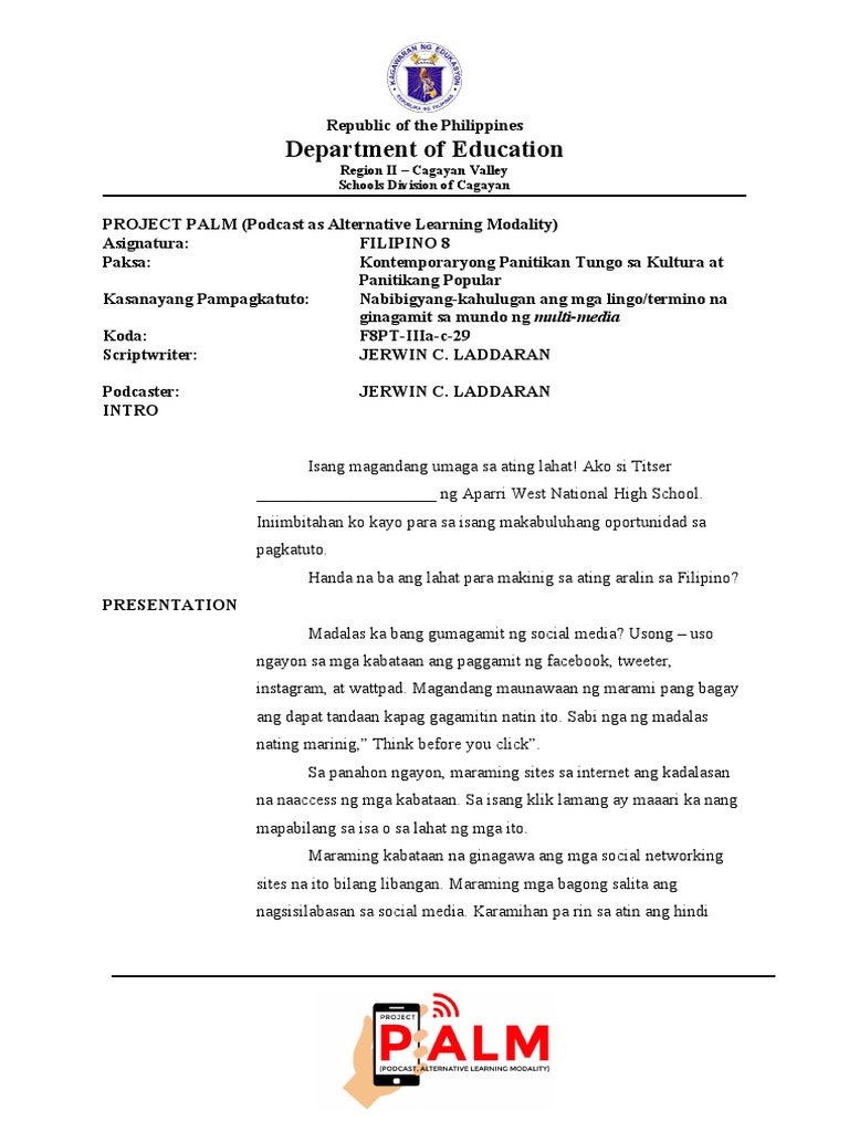 Filipino 8 - Sample Podcast Script | PDF