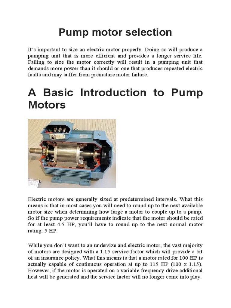 Pump Motor Selection PDF Horsepower Electric Motor