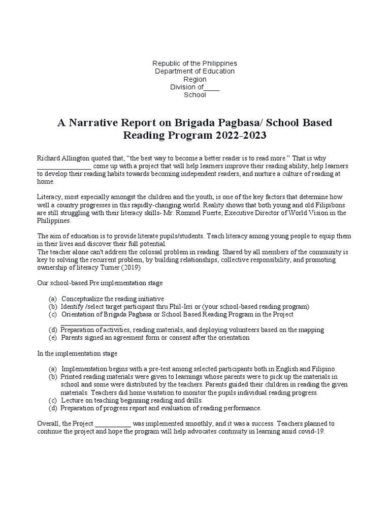 Narrative On Brigada Eskwela Report 2022-2023 | PDF | Literacy | Teachers