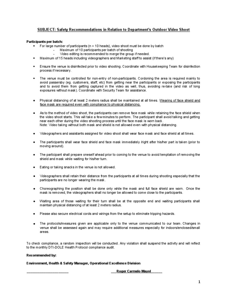 Protocols On Video Shoots During Pandemic Under Alert Level 2 Dec. 1