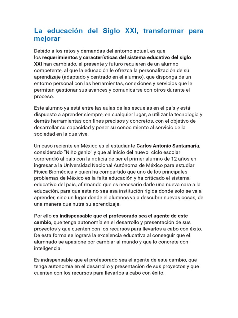 Transformación educativa en el siglo XXI | PDF | Aprendizaje | Plan de ...