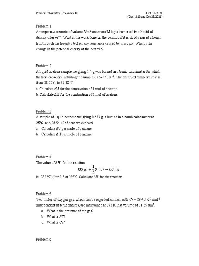 Physical Chemistry Homework Problems | PDF | Gases | Continuum Mechanics