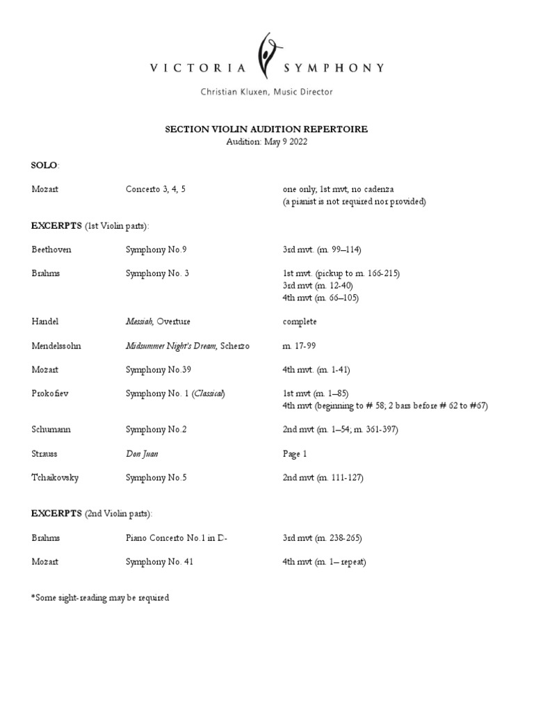 Section Violin VS Audition Repertoire List 2022 PDF
