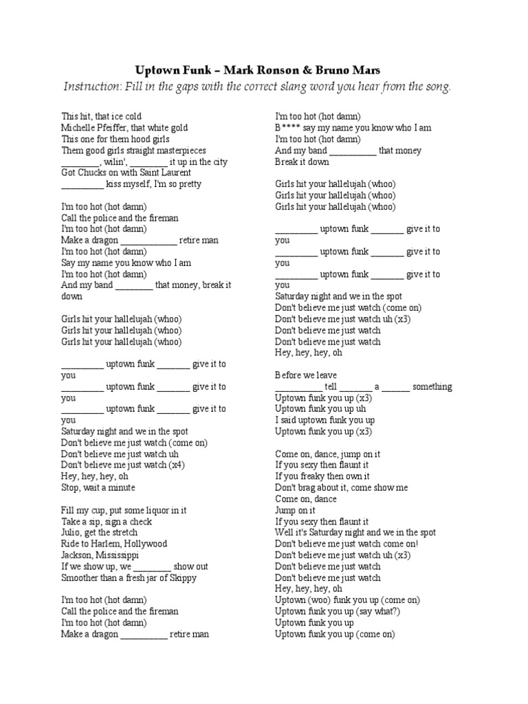Uptown Funk Worksheet slang words PDF Songs Written American