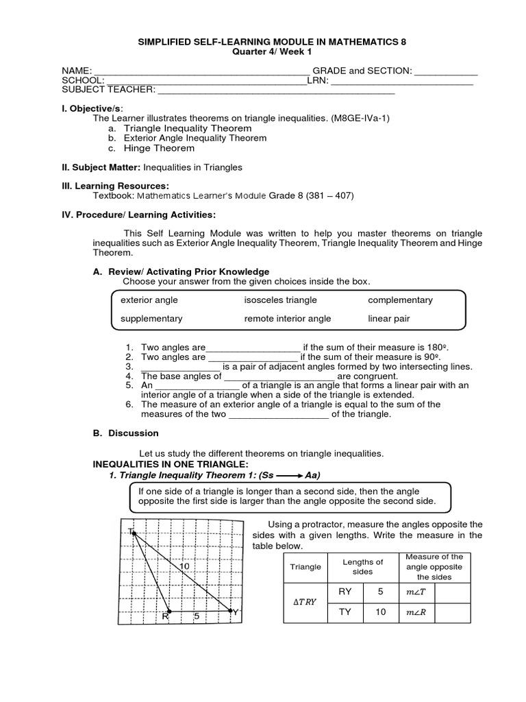 Grade 8 Math Q4 Module 1: Triangle Inequalities | PDF | Triangle | Angle
