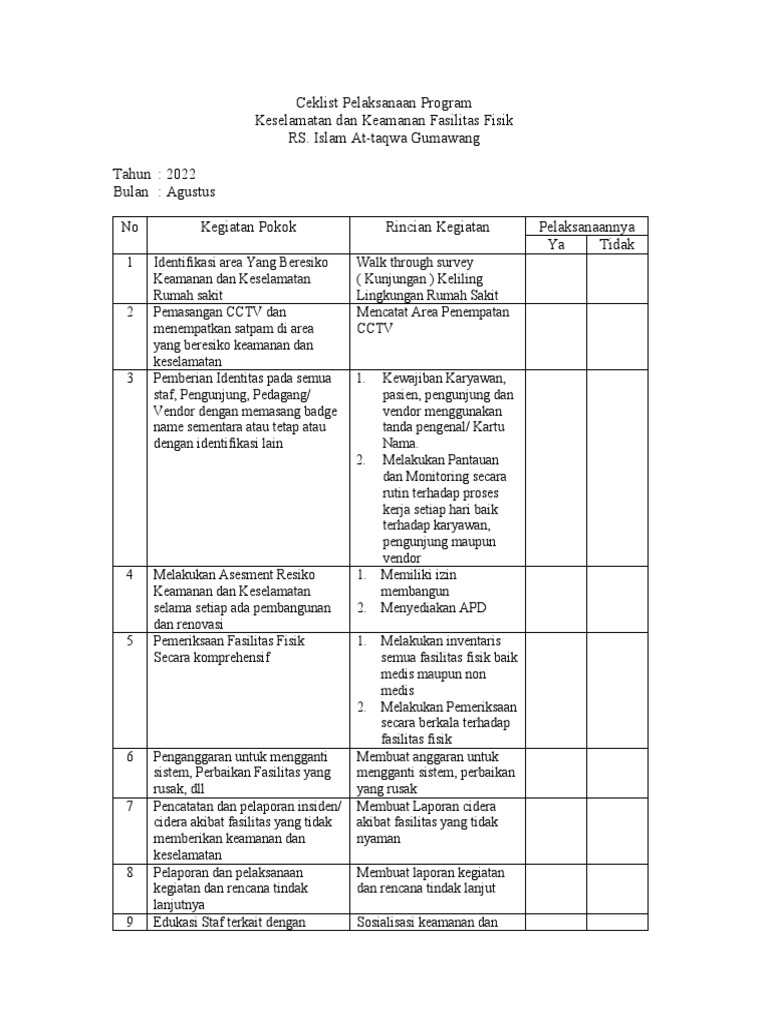 Ceklist Keamanan Fasilitas RS At-taqwa | PDF