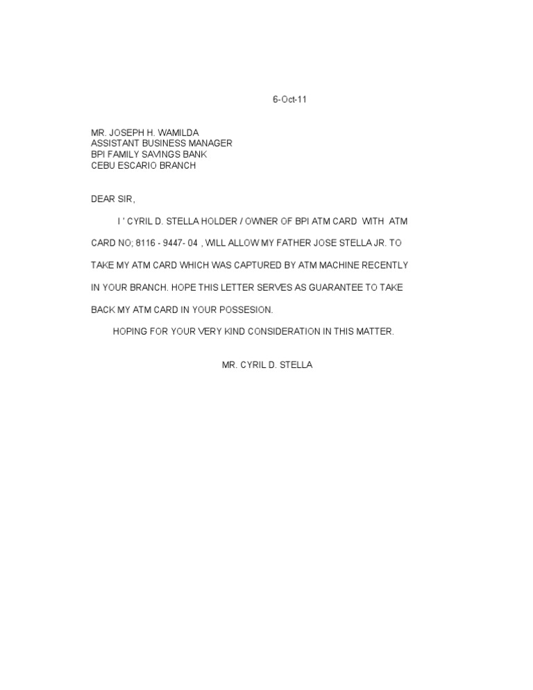 Authorization Letter Sample Claiming Atm Card 