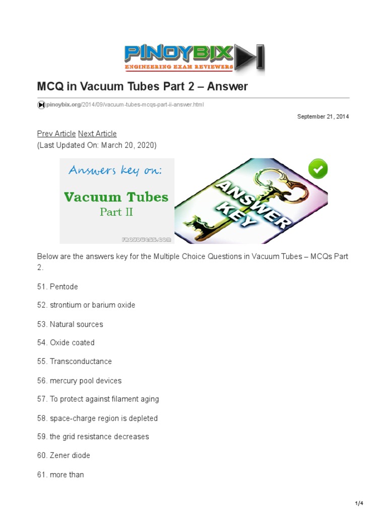 MCQ in Vacuum Tubes Part 2 Answer PDF Vacuum Tube Diode