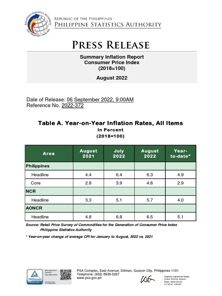 Press Release On CPI For All Households For August 2022 (2018