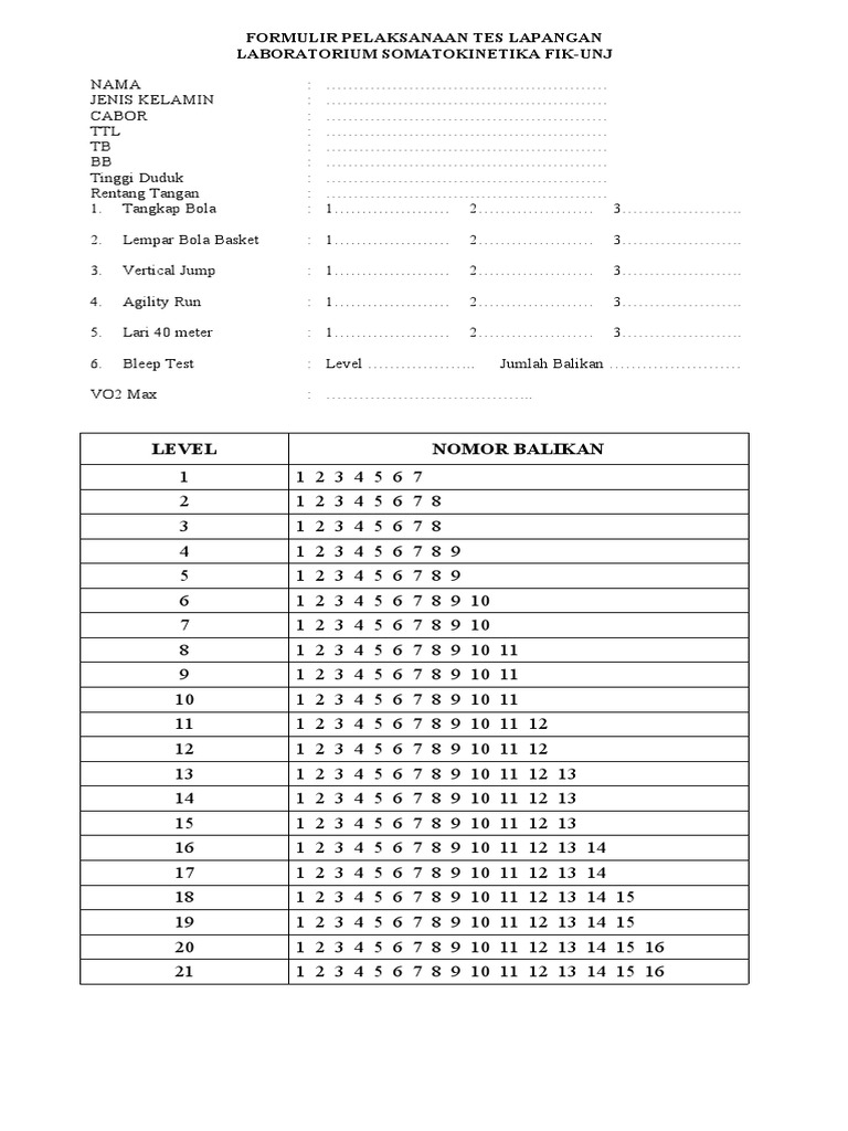 Form bleep test pdf
