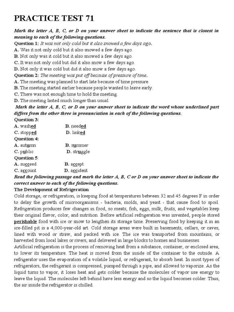 Practice Test 71 PDF Refrigeration Refrigerator