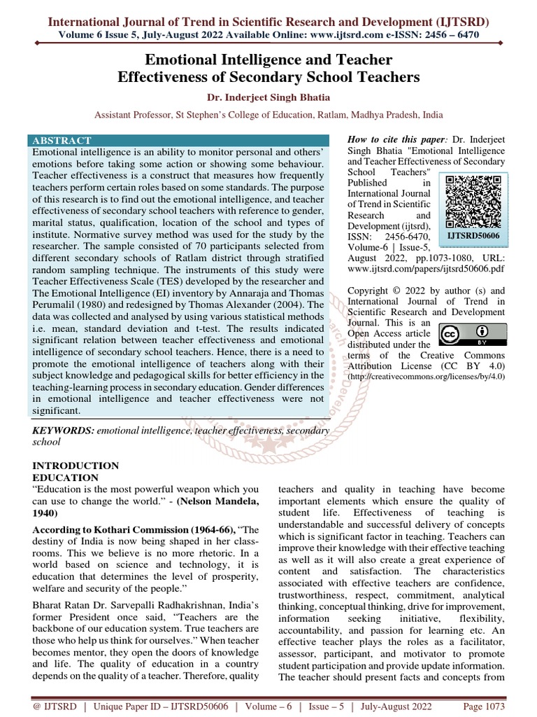 Emotional Intelligence and Teacher Effectiveness of Secondary School ...