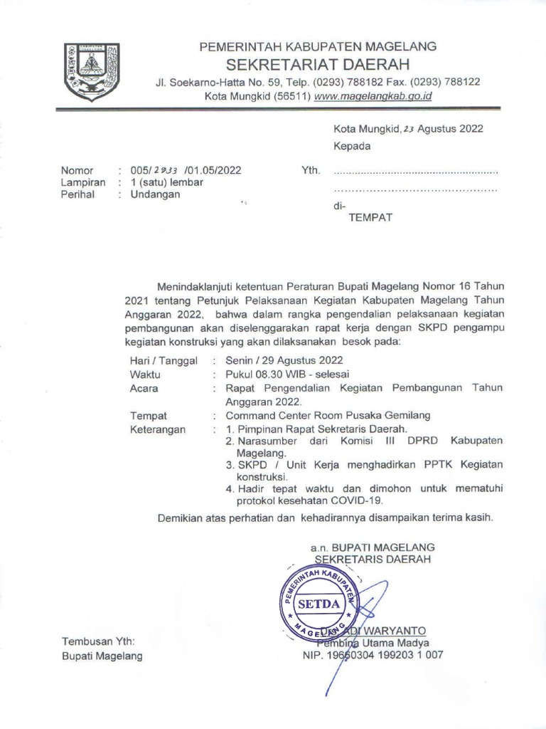 Undangan Rapat Pengendalian Kegiatan Pembangunan - 29 Agustus | PDF