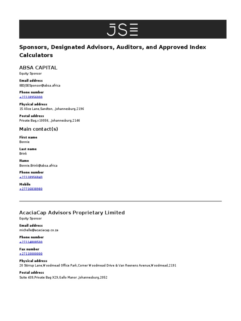 Sponsors, Designated Advisors, Auditors, and Approved Index Calculators