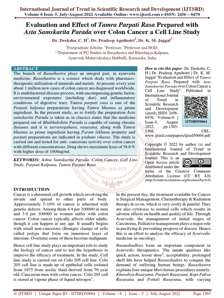 Evaluation and Effect of Tamra Parpati Rasa Prepared With Asta ...